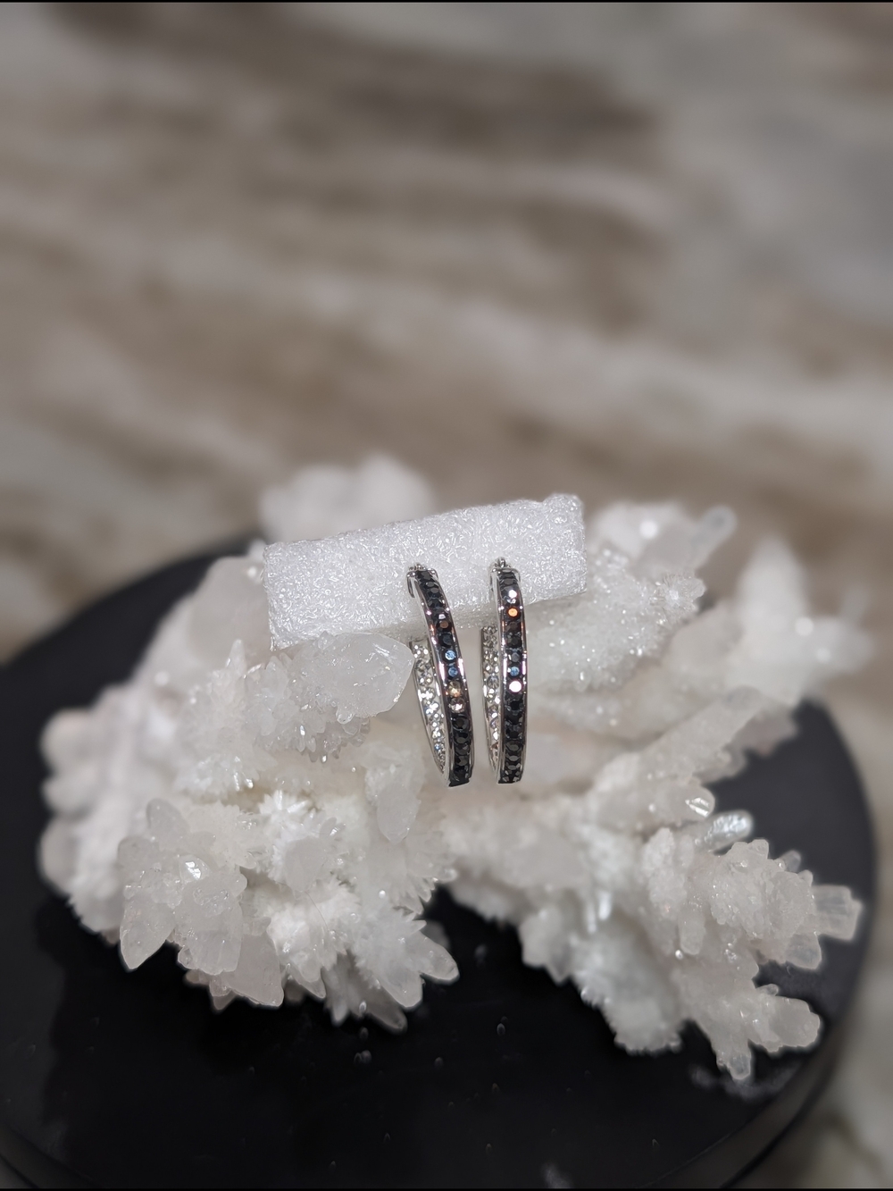 Sterling Silver Black & Clear CZ Hoop Earrings